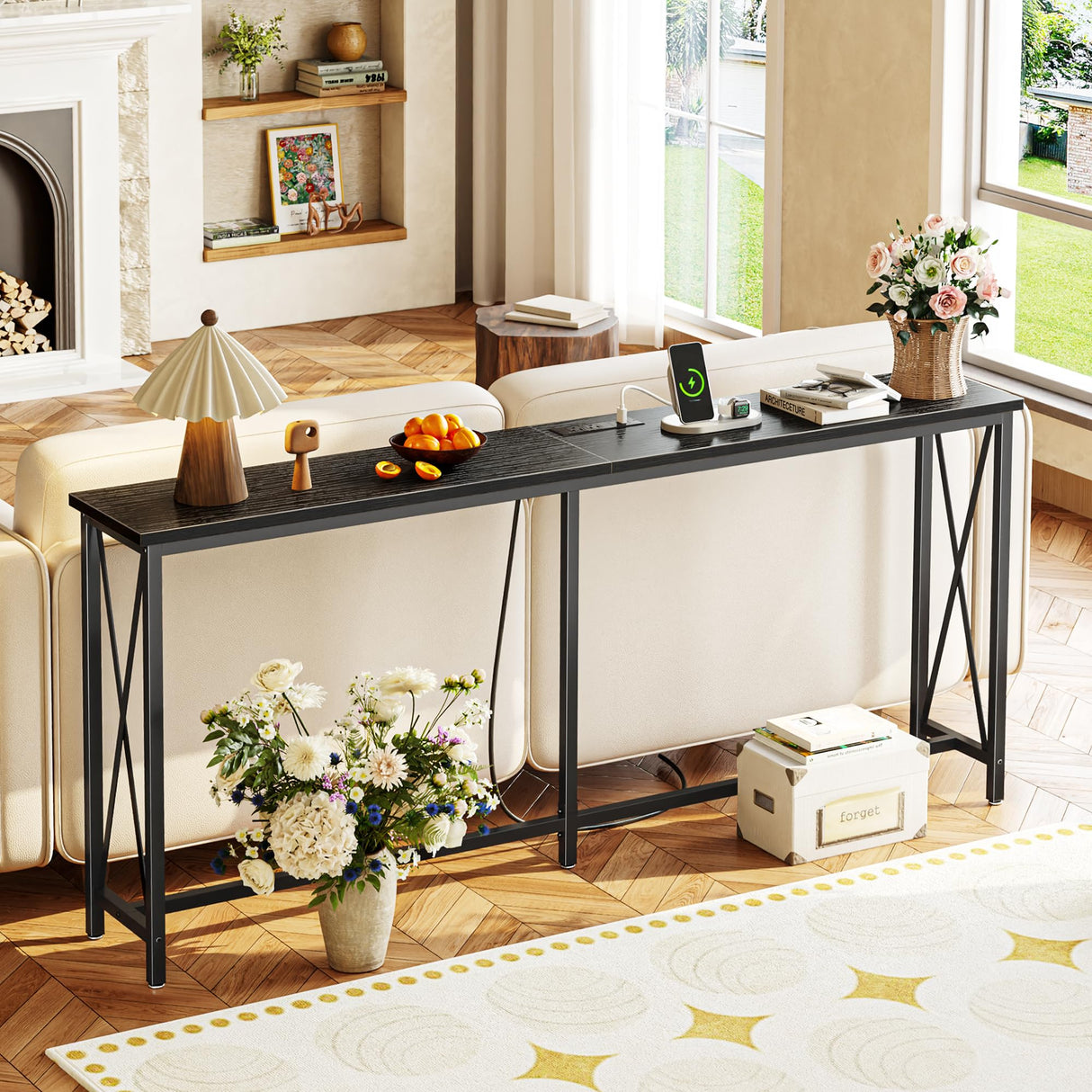 SUPERJARE 70 Inch Console Table with 2 Outlets, 1 Type-C and 1 USB Port, Extra Long Entryway Table with Metal Frame and X-Shaped Bars, Narrow Sofa Table for Living Room, Hallway, Black SUPERJARE