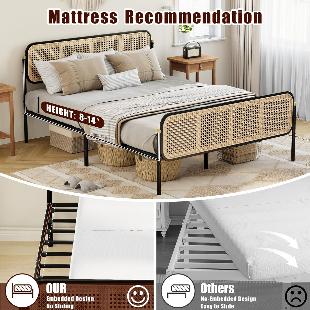 VOPEAK Rattan Bed Frame Queen Size with Headboard, Boho Bed Frame, Queen Bed Frame with Strong Metal Slats Support, Easy Assembly Mattress Foundation, Noise Free, No Box Spring Needed, Black VOPEAK