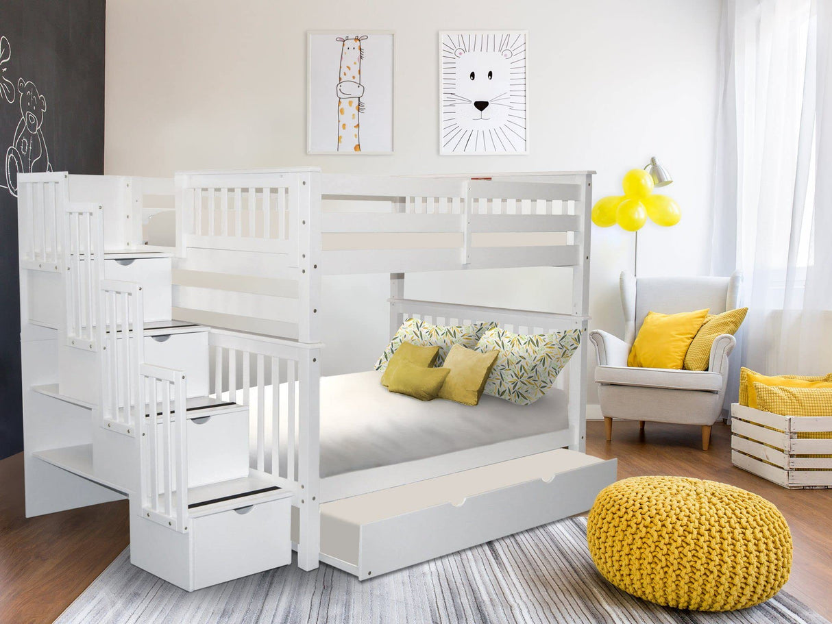 Bedz King Stairway Bunk Beds Full over Full with 4 Drawers in the Steps and a Full Trundle, White Bedz King