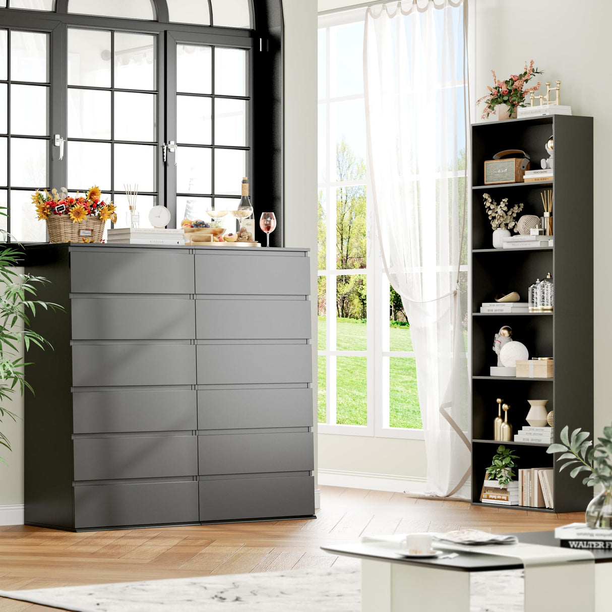 FOTOSOK Black Dresser, 6 Drawer Dresser, Modern Tall Black Storage Chest of Drawers Wood Dresser with Metal Sliding Rail, Handleless Drawer Cabinet for Home & Office FOTOSOK