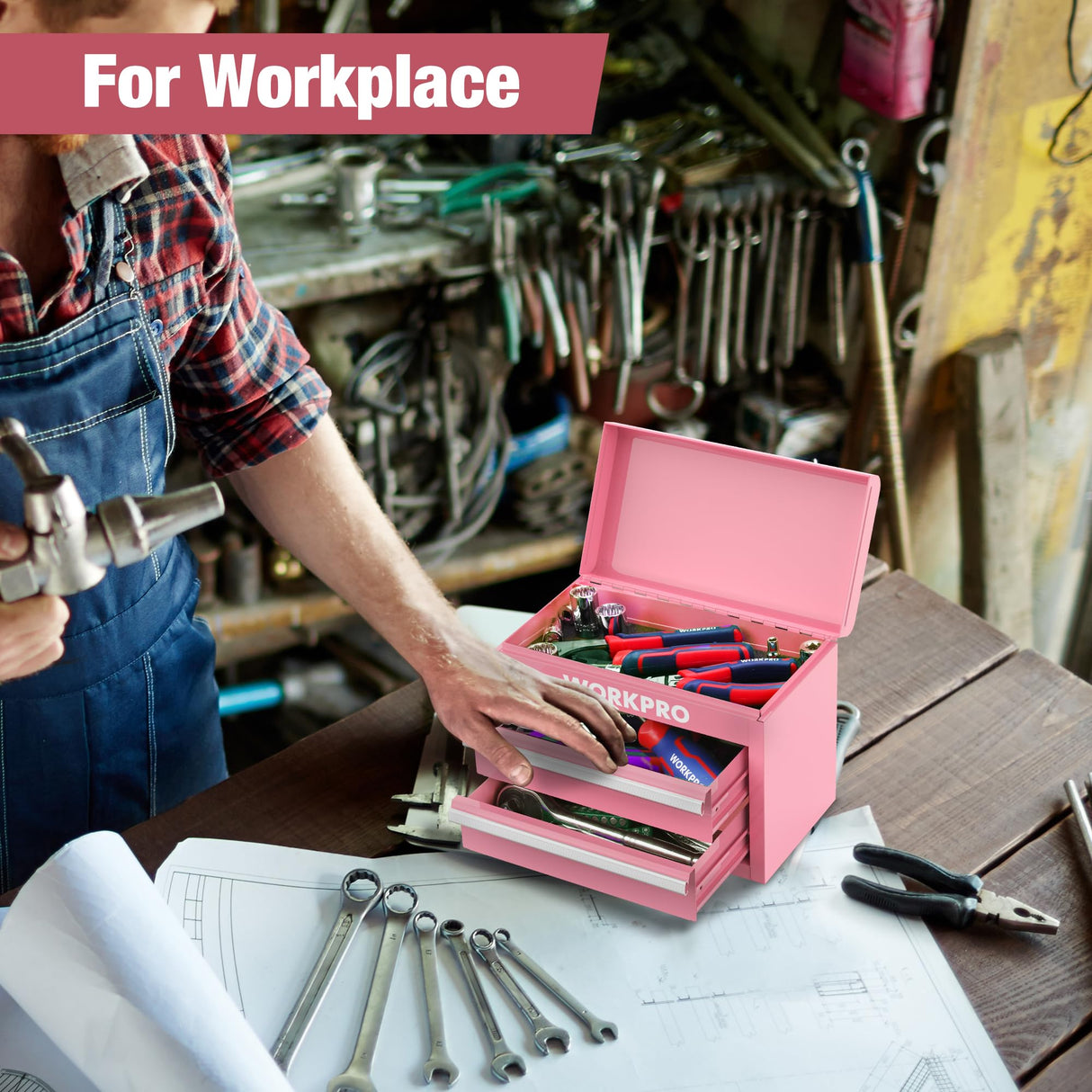 WORKPRO Mini Metal Tool Box with 2 Drawers and Top Storage, Small Tool Chest with PVC Liners and PP Feet Pads, Cold Rolled Steel Toolbox with Magnetic Tab WORKPRO