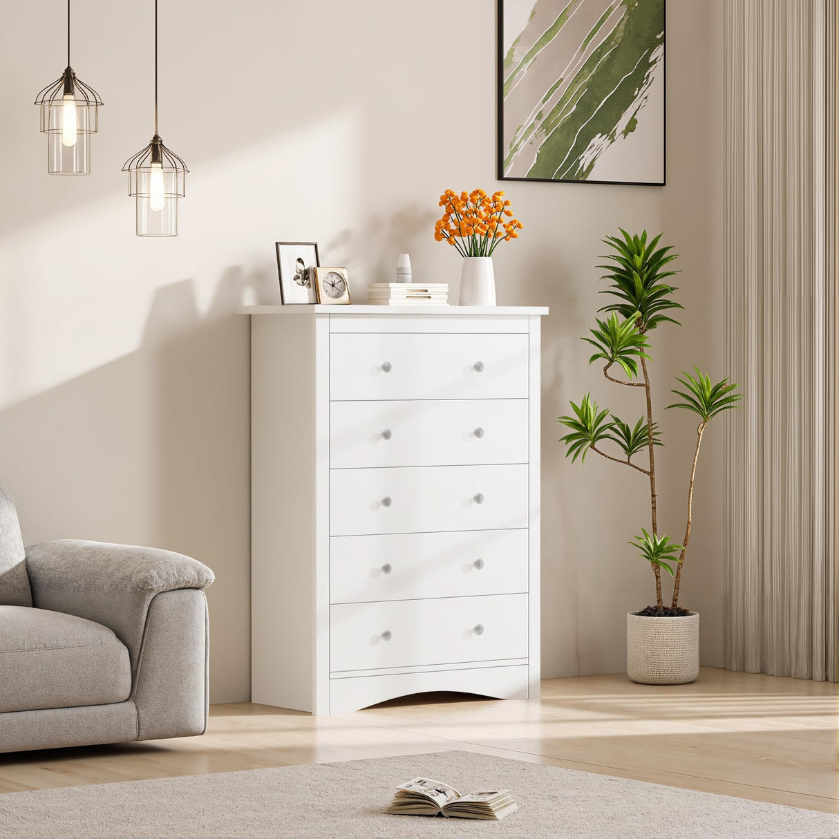 Furmax Tall Dresser for Bedroom, 5 Drawer Dresser, Chest of Drawers, Organizer Drawers, for Hallway Entryway (White) Furmax