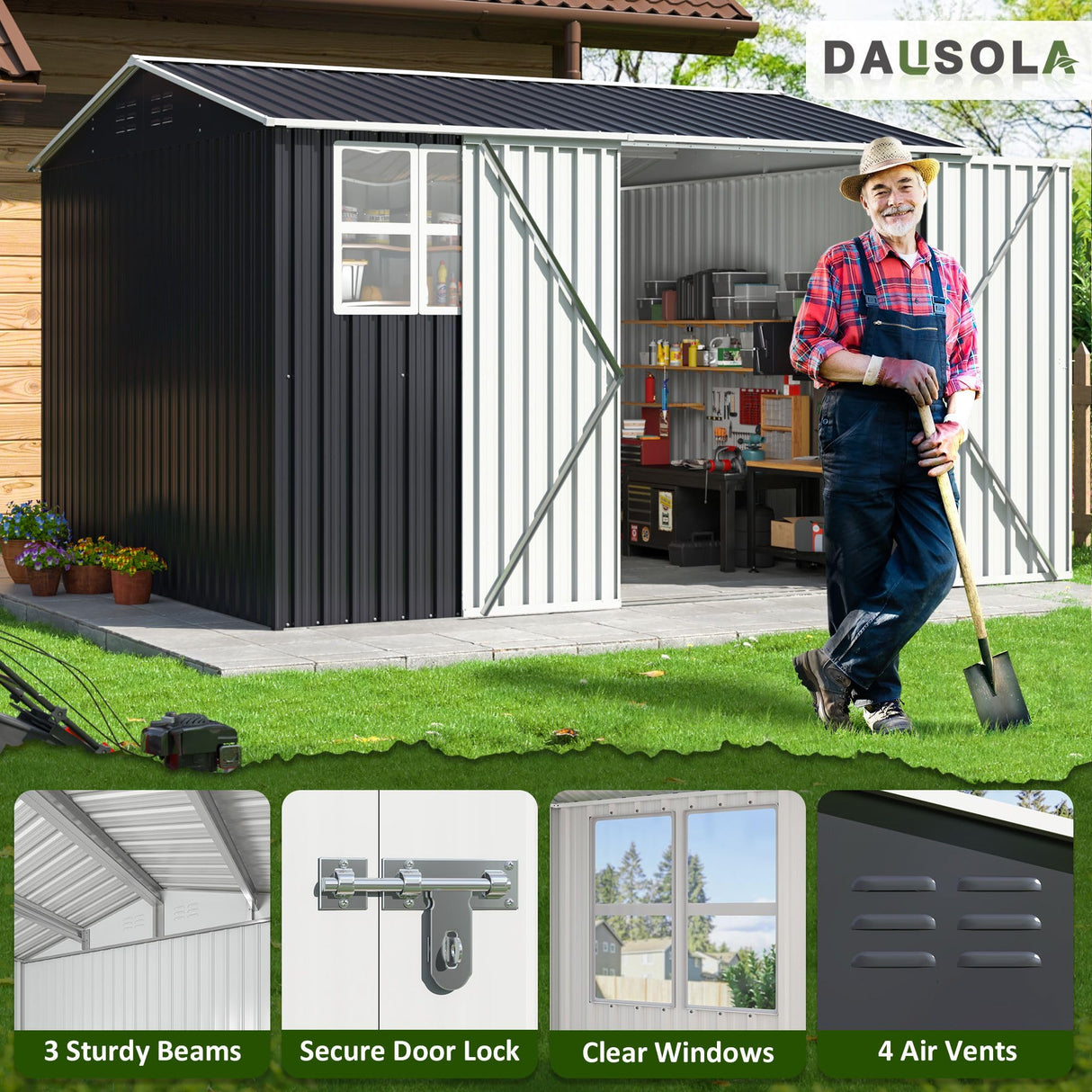 DAUSOLA 10x10 FT Outdoor Storage Shed, Metal Garden Tool Shed with Updated Frame Structure, Lockable Doors and Windows, Ideal for Backyard Garden Patio Lawn, Grey DAUSOLA