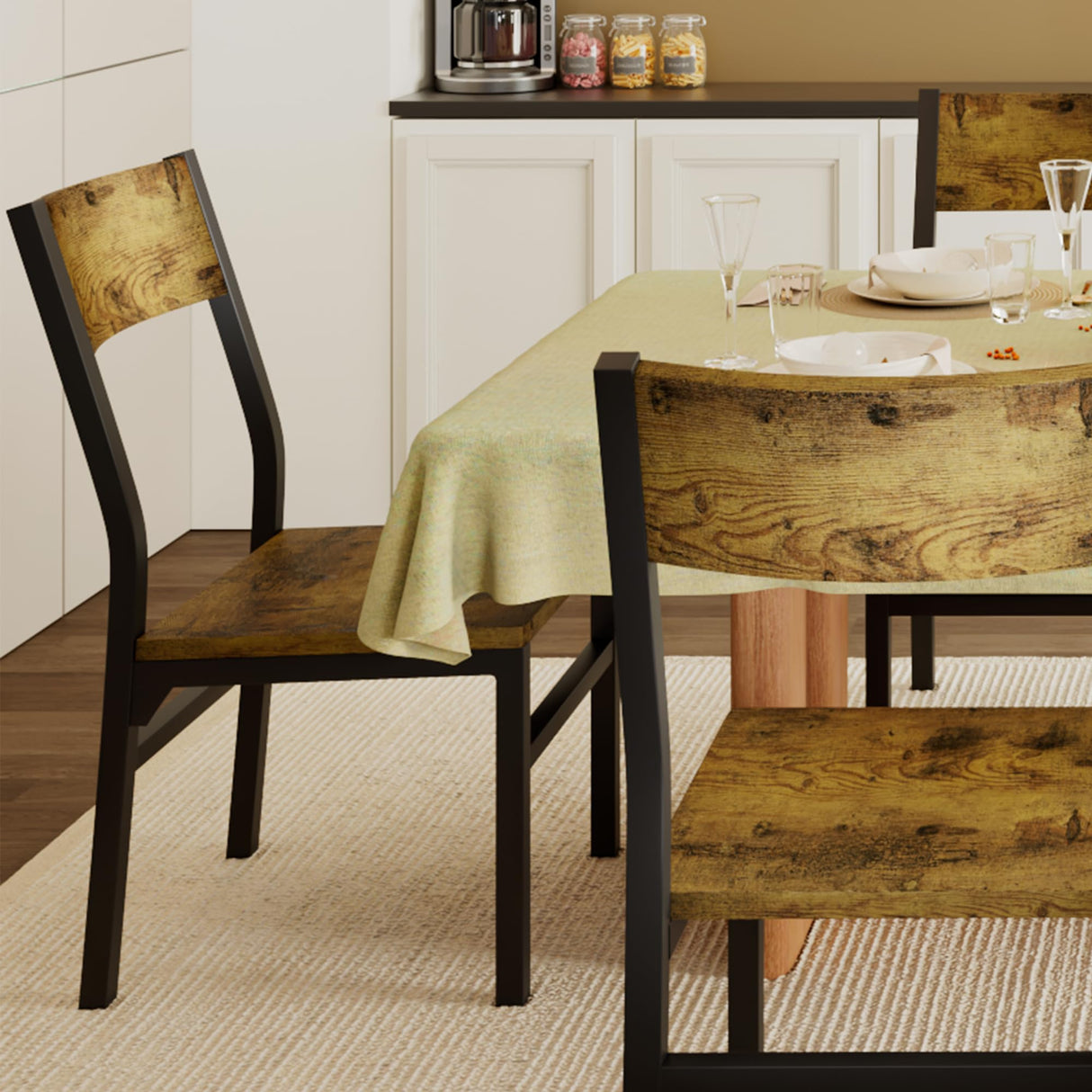 Feonase Dining Chairs Set of 6, Modern Kitchen Chairs with Ergonomic Backrest, MDF Board and Metal Legs, Dinner Chairs for Dining Room, Kitchen and Living Room, Rustic Brown Feonase