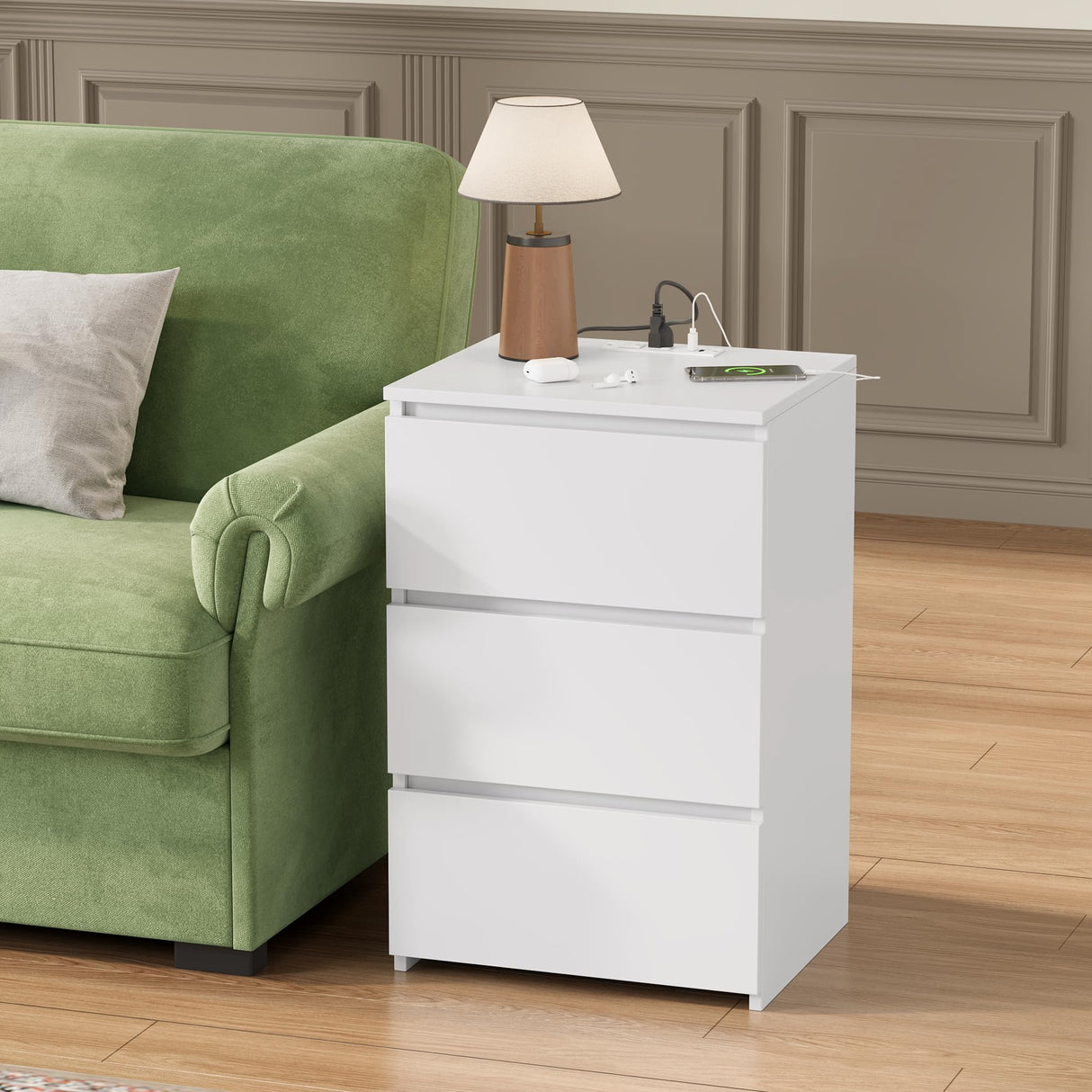 FOTOSOK White Nightstand Set of 2, 26" H White Night Stand with Charging Station, Nightstand Set 2 with USB Ports & Power Outlets, Silent Slides, Wooden End Side Table Bedside Table for Bedroom FOTOSOK