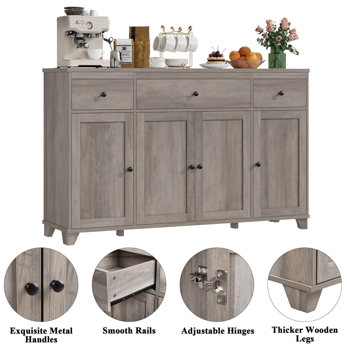 HIFIT 55" Large Kitchen Buffet Cabinet with Storage Drawers, Farmhouse Sideboard Buffet Table Storage Cabinet with Doors and Shelves, Wood Coffee Bar Cabinet for Kitchen Dining Living Room, Ash Grey HIFIT