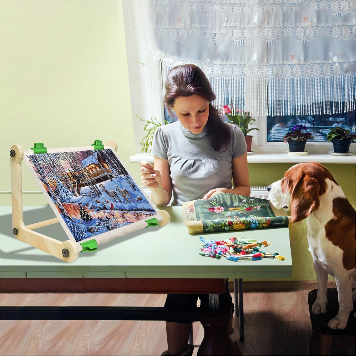 2 Pack Adjustable Wooden Embroidery Stands for Cross Stitch, Tabletop Hoop Holder with 2 Sizes Rods Tapestry Needlepoint Lap Natural Wood Frame for Sewing & Quilting wdbg