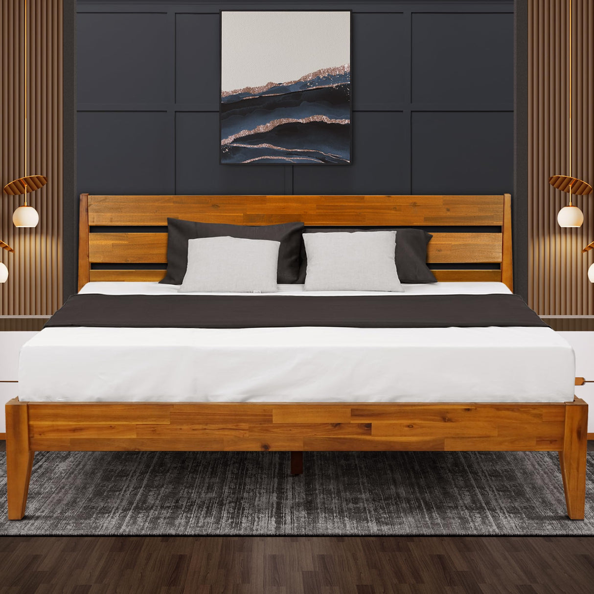 Acacia Wood King Size Bed Frame with Artistic Headboard - Contemporary Solid Platform Design in Caramel A ACACIA FURNITURE