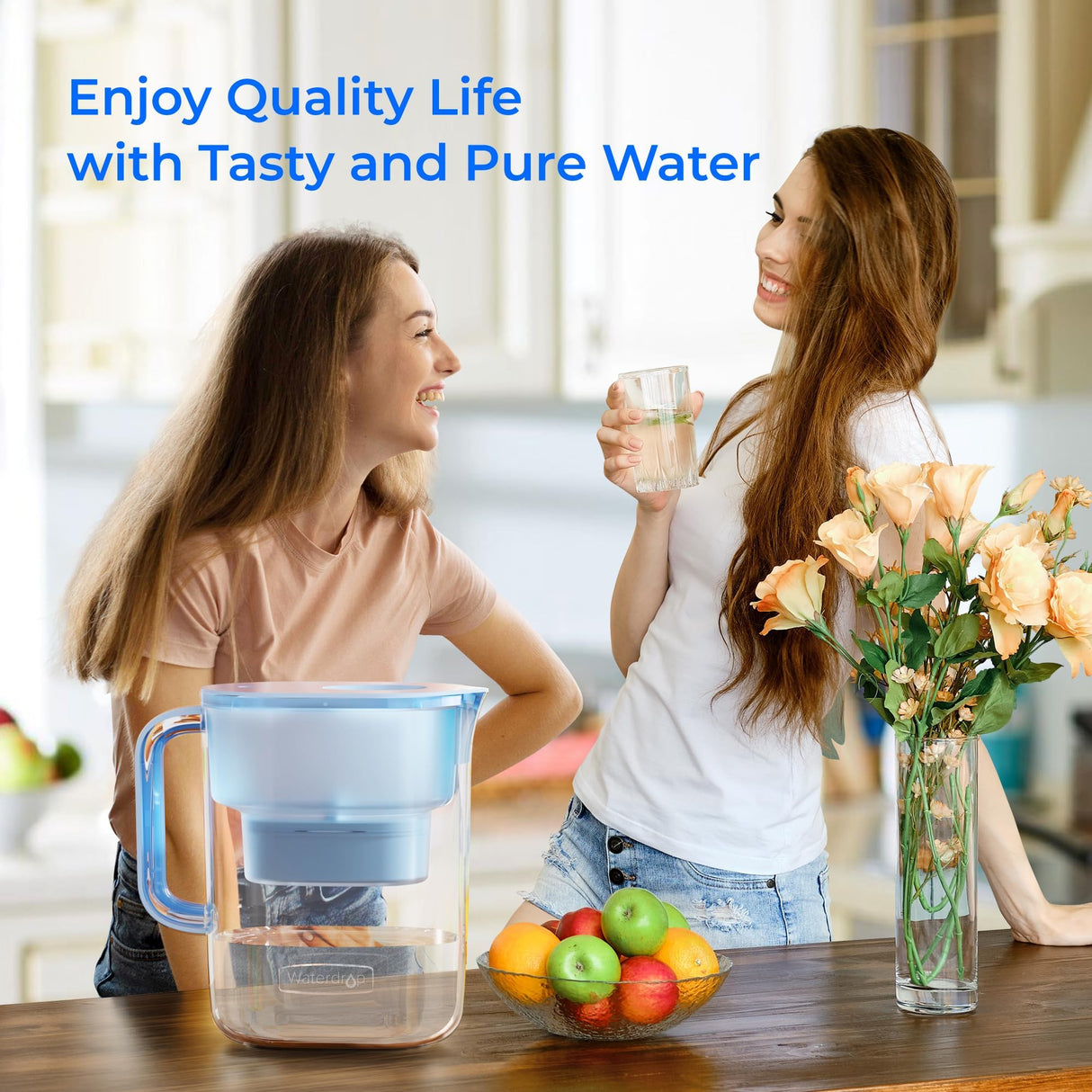 Waterdrop Water Filter Pitcher with 1 Filter, 200-Gallon Long-Life, 10-Cup Large Water Filter Pitcher, NSF Certified, 5X Times Lifetime, Reduces PFOA/PFOS, Chlorine, Blue Waterdrop