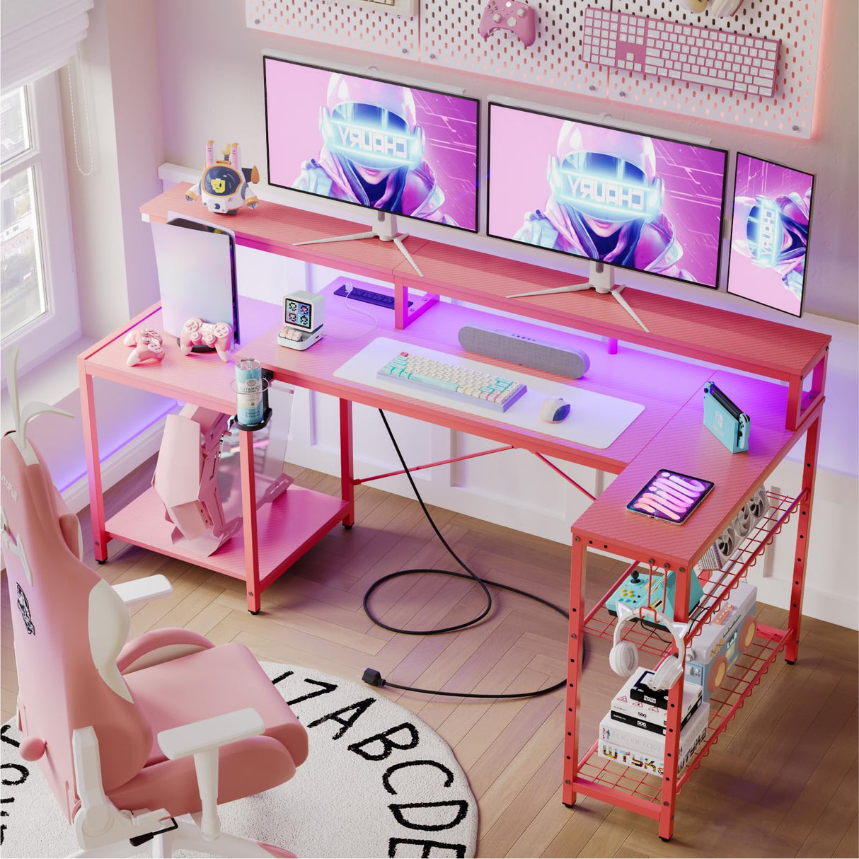 Bestier 71.5 inch Gaming Desk with Power Outlet, Large LED Computer Desk with Monitor Stand, L Shaped Desk with Storage Shelf, Cup Holder & Headset Hooks, Corner Gamer Desk for Bedroom Pink Bestier