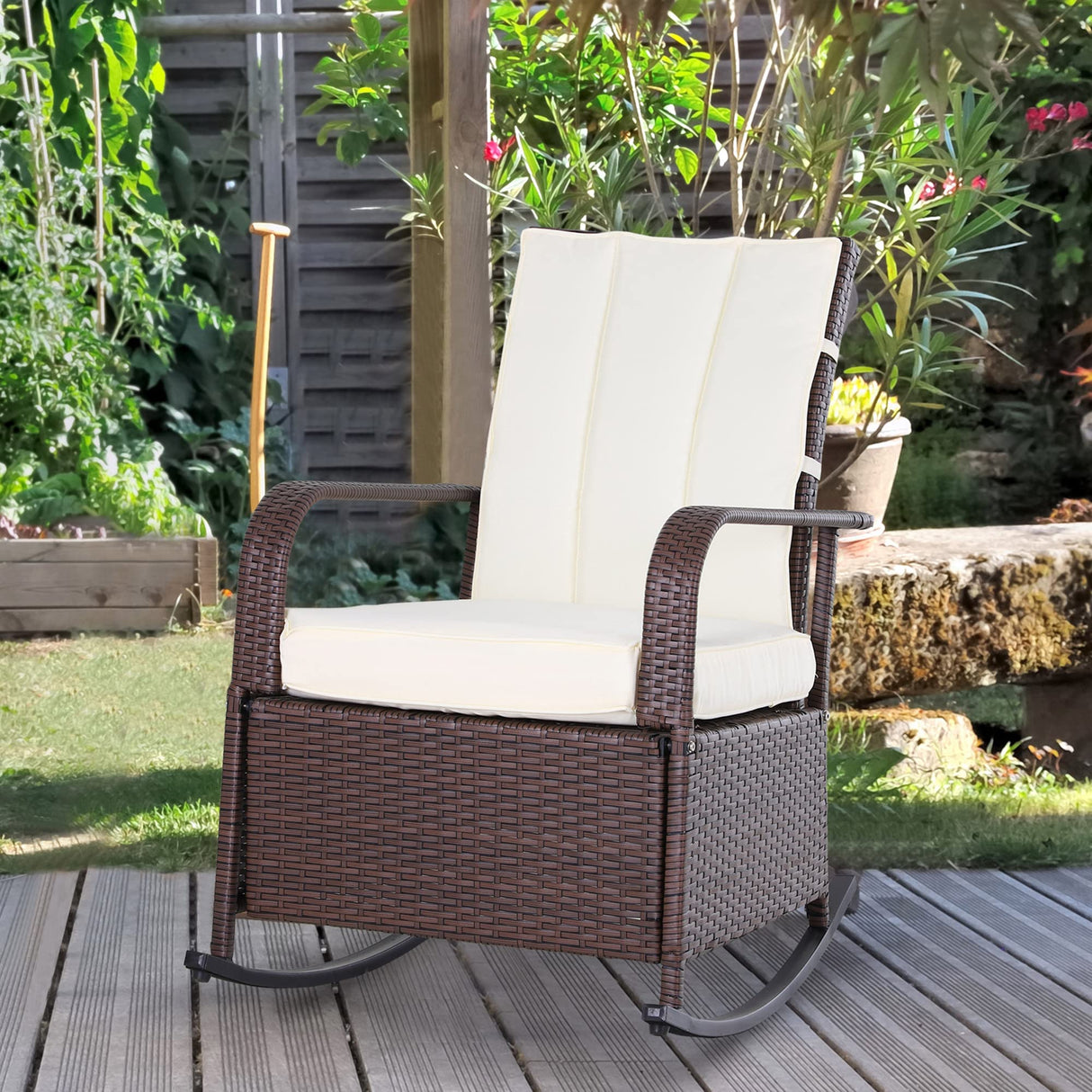 Outsunny Wicker Outdoor Rocking Chair, Patio Recliner with Adjustment Backrest, PE Rattan Lounge Chair with Adjustable Footrest and Cushions for Garden, Backyard, Porch, Beige Outsunny