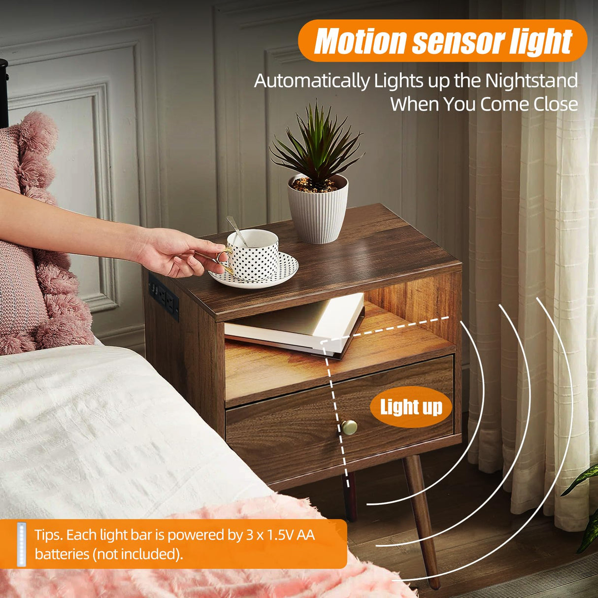 Wood Nightstand with Wireless Charging Station and Led Light - 20"W x 14"D x 24"H Mid Century Modern Nightstand with Charging Station, Walnut Nightstand with One Drawer, Outlet on Left,Solid Wood Legs Caredear