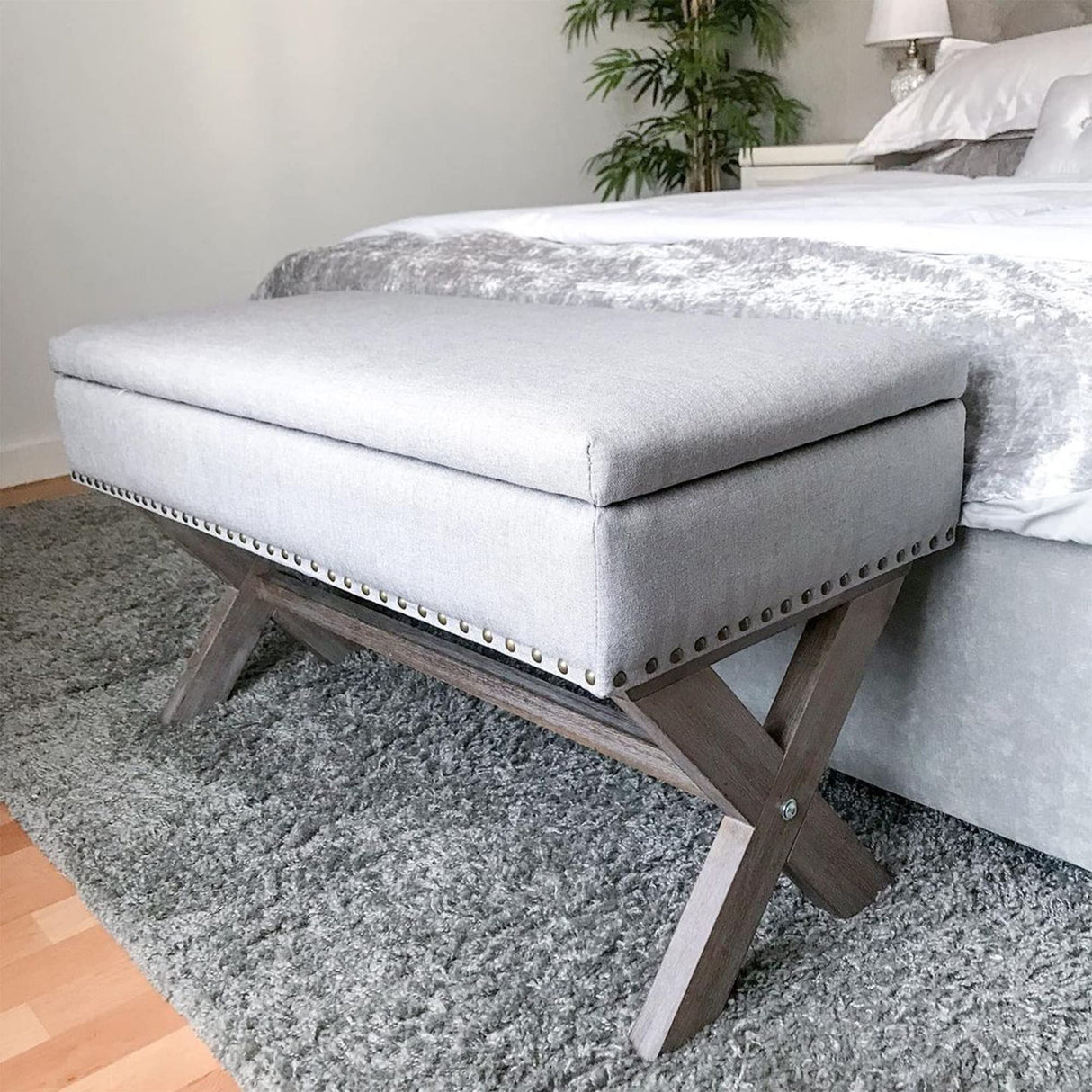 HOMCOM 35.75" Storage Ottoman, Upholstered Storage Bench with Hidden Space, Nailhead Trim and X-Shaped Wood Legs, for Living Room, Entryway, Bedroom, Grey HOMCOM