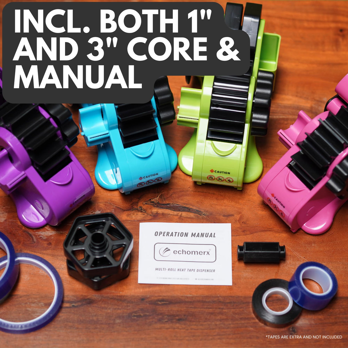 echomerx Pink Heat Tape Dispenser - Sublimation Tape Dispenser to Pre-Cut Heat Resistant Tape | Heat Transfer Tape, Fast Multi-Tape Cutter, Semi-Automatic, Manual Video & 1" Core for Scotch Tapes echomerx