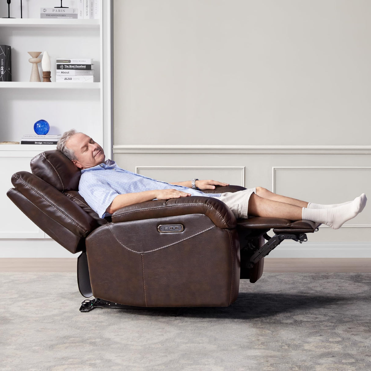 Watson & Whitely Genuine Leather Power Recliner Chairs for Adults, Wall Hugger RV Recliner with Power Headrest & Charging Ports, Electric Recliner Sofa Chair for Living Room, Dark Brown Watson & Whitely