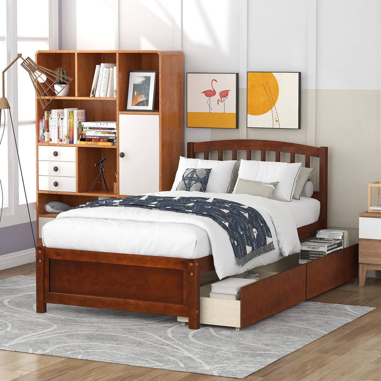 Harper & Bright Designs Twin Bed Frame, Wood Platform Bed with Storage Drawers and Headboard (Walnut) Harper & Bright Designs