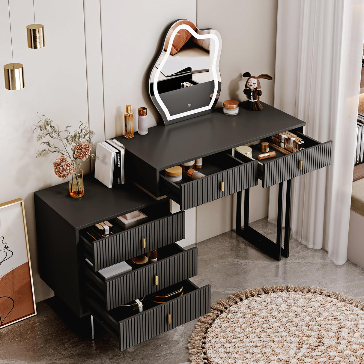Ieejdn Black Vanity Desk with Mirror and Lights,Small Makeup Vanity with 5 Drawers,Modern Makeup Table with Adjustable Cabinet for Bedroom,Makeup Room Ieejdn