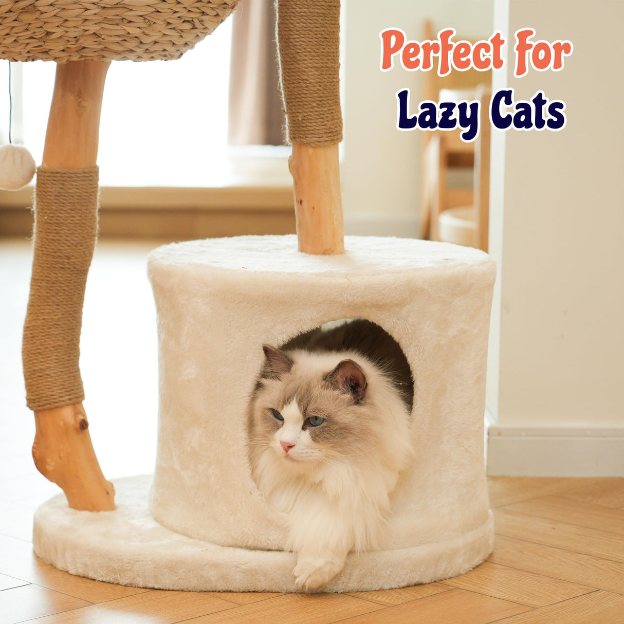 KONELCARE Natural Wood Cat Tree- Modern Cat Tower for Large Cat, 2 Baskets KONELCARE