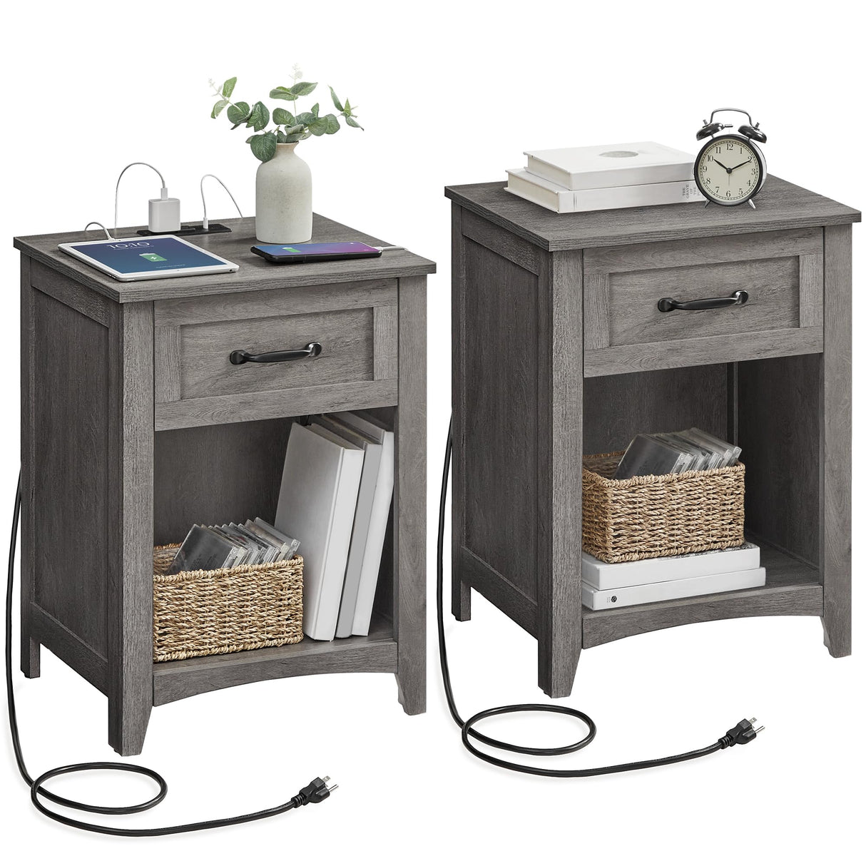VASAGLE LIRY Collection - Farmhouse Nightstands with Charging Station, Set of 2 Bedside Tables, Side Tables with Drawer, Open Compartment, for Bedroom, Misty Gray ULET859G01 VASAGLE