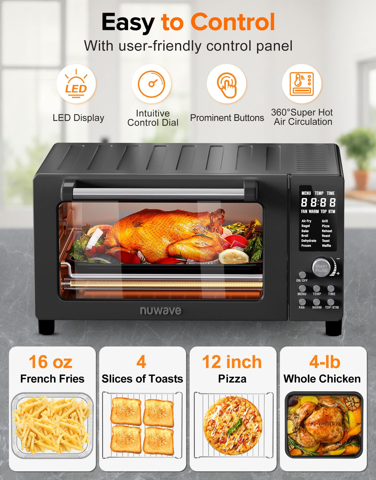 Nuwave Bravo Pro Smart Air Fryer Toaster Oven Combo, Airfryer Convection Oven Countertop, 12-in-1 Functions with Quicker & Even Crisp Technology, 1800W, 50-450°F, PFAS-Free, 21QT, Black Nuwave