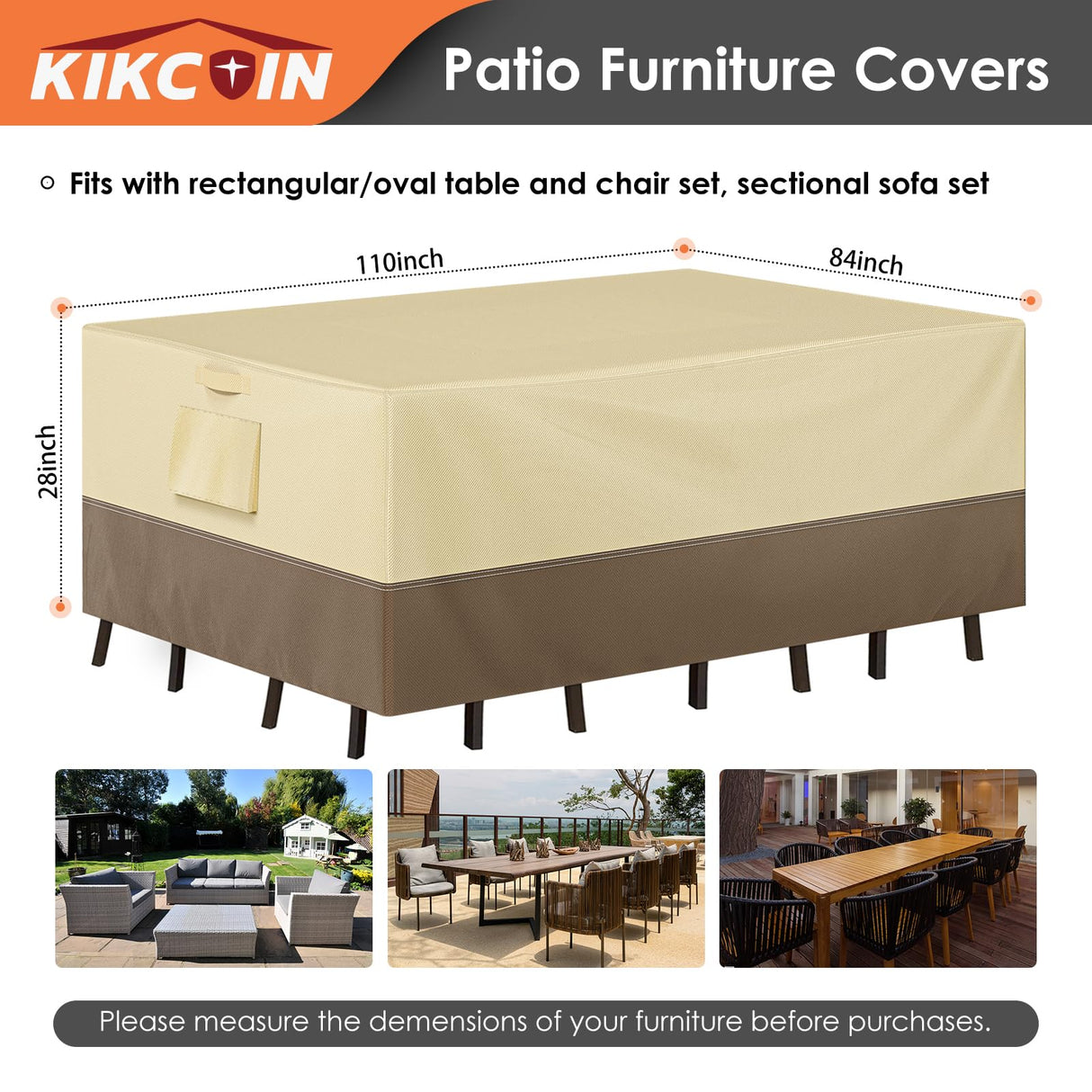 Patio Furniture Covers Waterproof for Table and Chairs, Rectangular Outdoor Furniture Set Cover, Anti-Fade, Tear/Water Resistant Patio Furniture Set Covers, 110"L x 84"W x 28"H Kikcoin