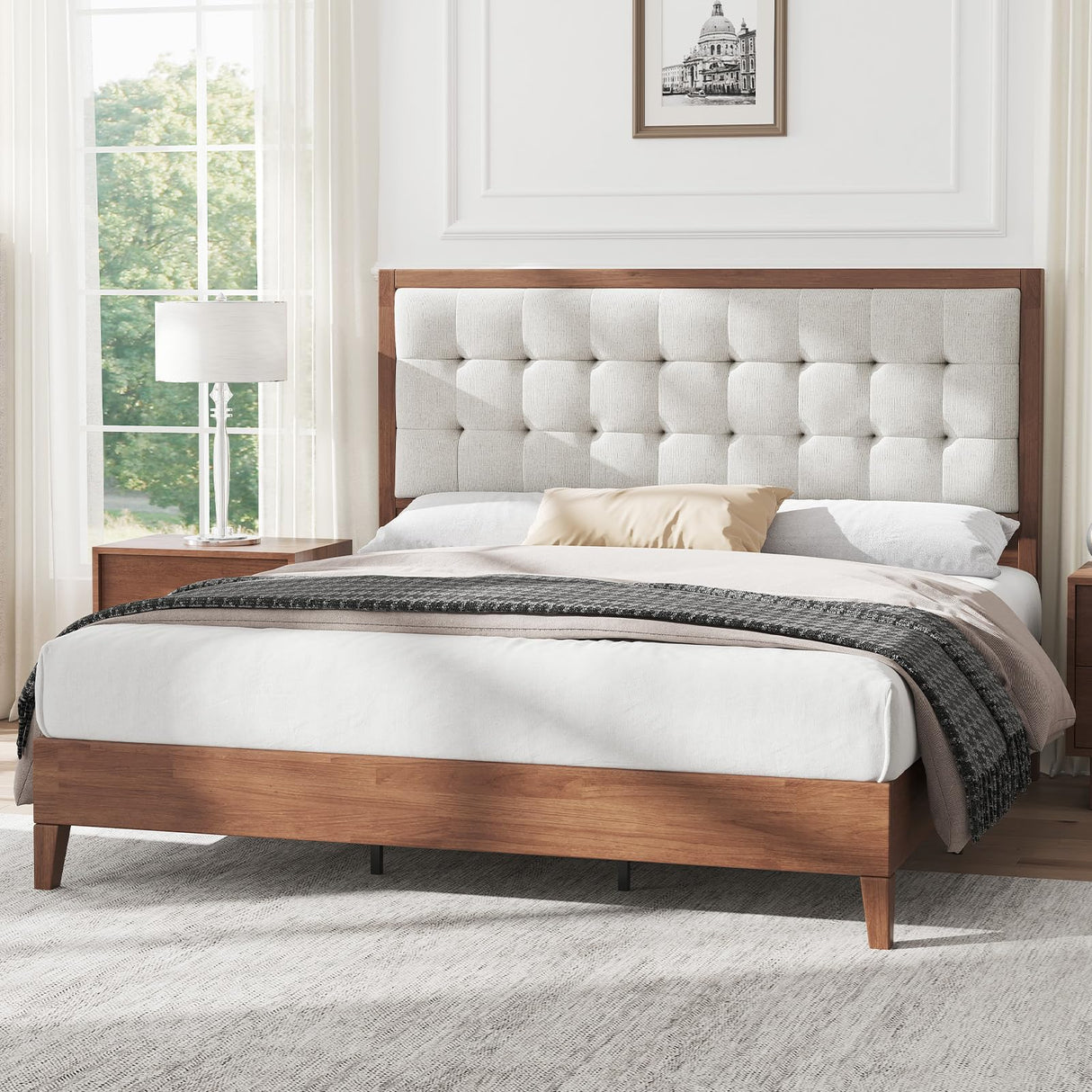 AMERLIFE Full Size Solid Wood Bed Frame with Tufted Headboard, Mid-Century Style, No Box Spring Required, Easy Assembly, Walnut AMERLIFE