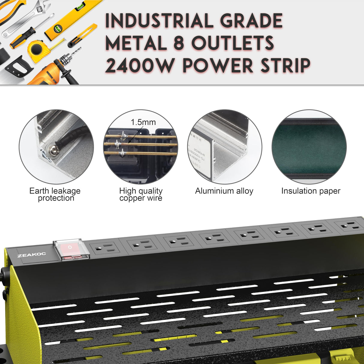 ZEAKOC Power Tool Organizer with Charging Station, 4 Layers Drill Holder Wall Mount,Metal Garage Rack with 10A Power Strip,Tool Shelves with Hooks,Drill Bit Storage, for Men Dad (Green&Black) ZEAKOC