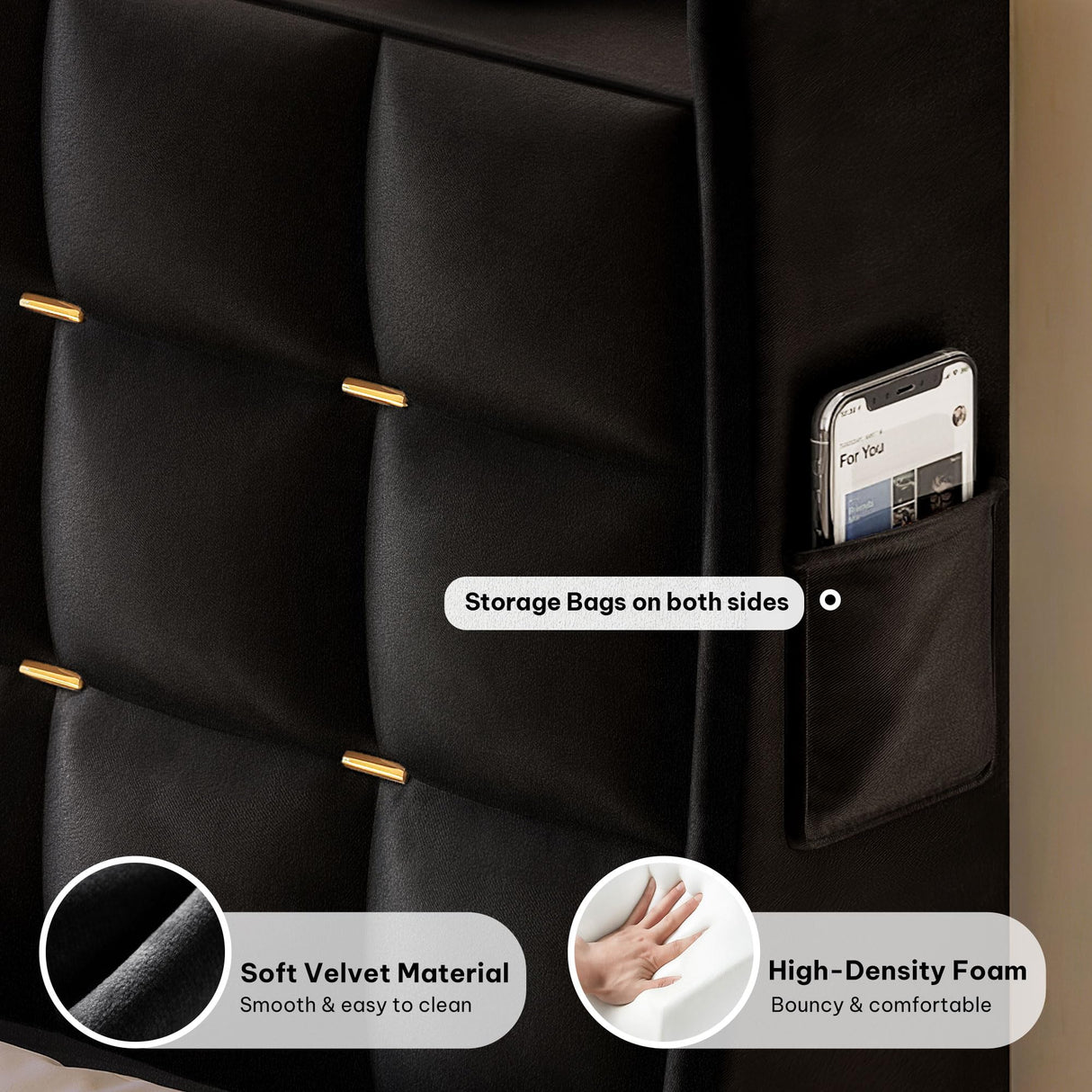 YITAHOME Queen Size Bed Frame with 3 Storage Drawers and RGB LED Lights, Velvet Upholstered Bed with Charging Station and Storage Headboard, No Box Spring Needed, Easy Assembly, Noise-Free, Black YITAHOME