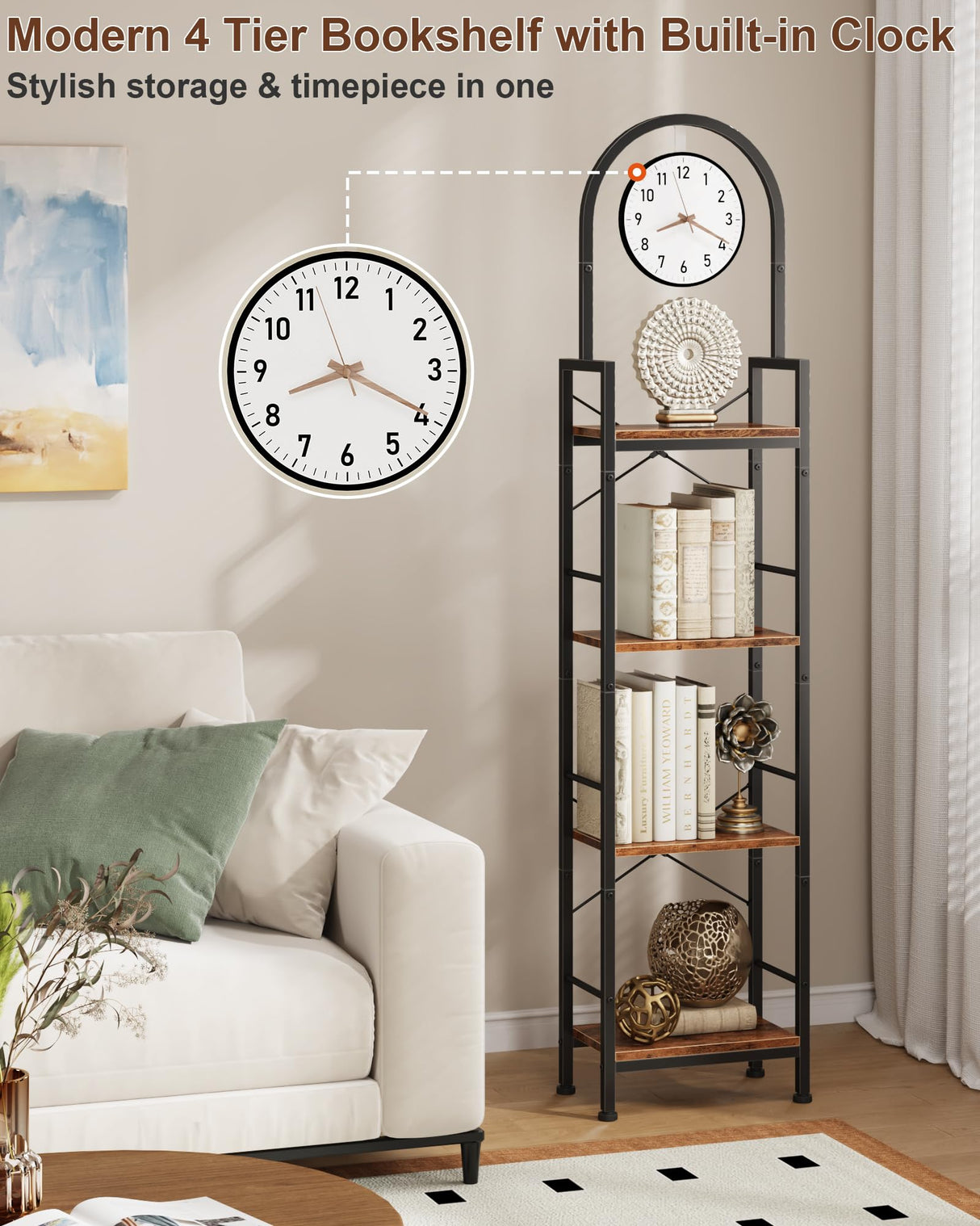 HIGDBFE Bookshelf, 4 Tier Arched Bookshelf with Built-in Clock, 68.2" Tall Narrow Bookcase, Modern Standing Book Shelf for Living Room, Bedroom, Home Office, Rustic Brown HIGDBFE