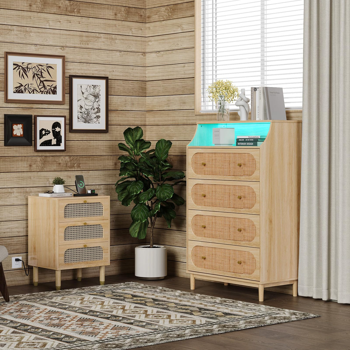 VINGLI Rattan Dresser with LED Lights, Tall Dresser Boho Chest of Drawers for Bedroom, Wicker Chest 4 Drawer, Vertical Dressers for Bedroom,Natural Oak VINGLI
