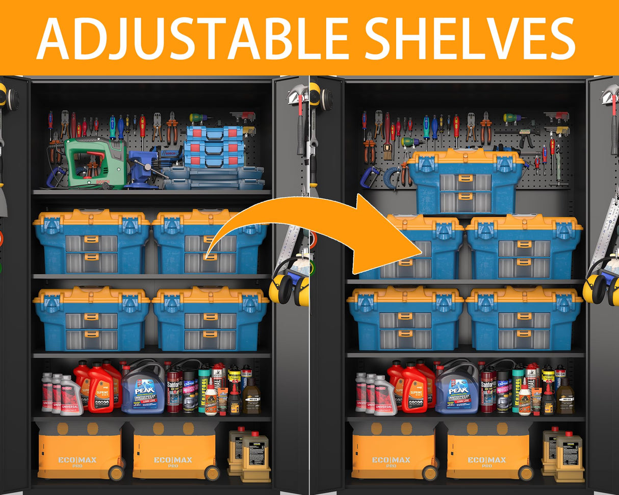 Upgraded Tall & Wide Metal Storage Cabinet with Doors & 4 Adjustable Shelves | Heavy-Duty Black Lockable Garage Cabinet with Wheels & Pegboard for Office, Gym, Basement, Warehouse (Black) basenji