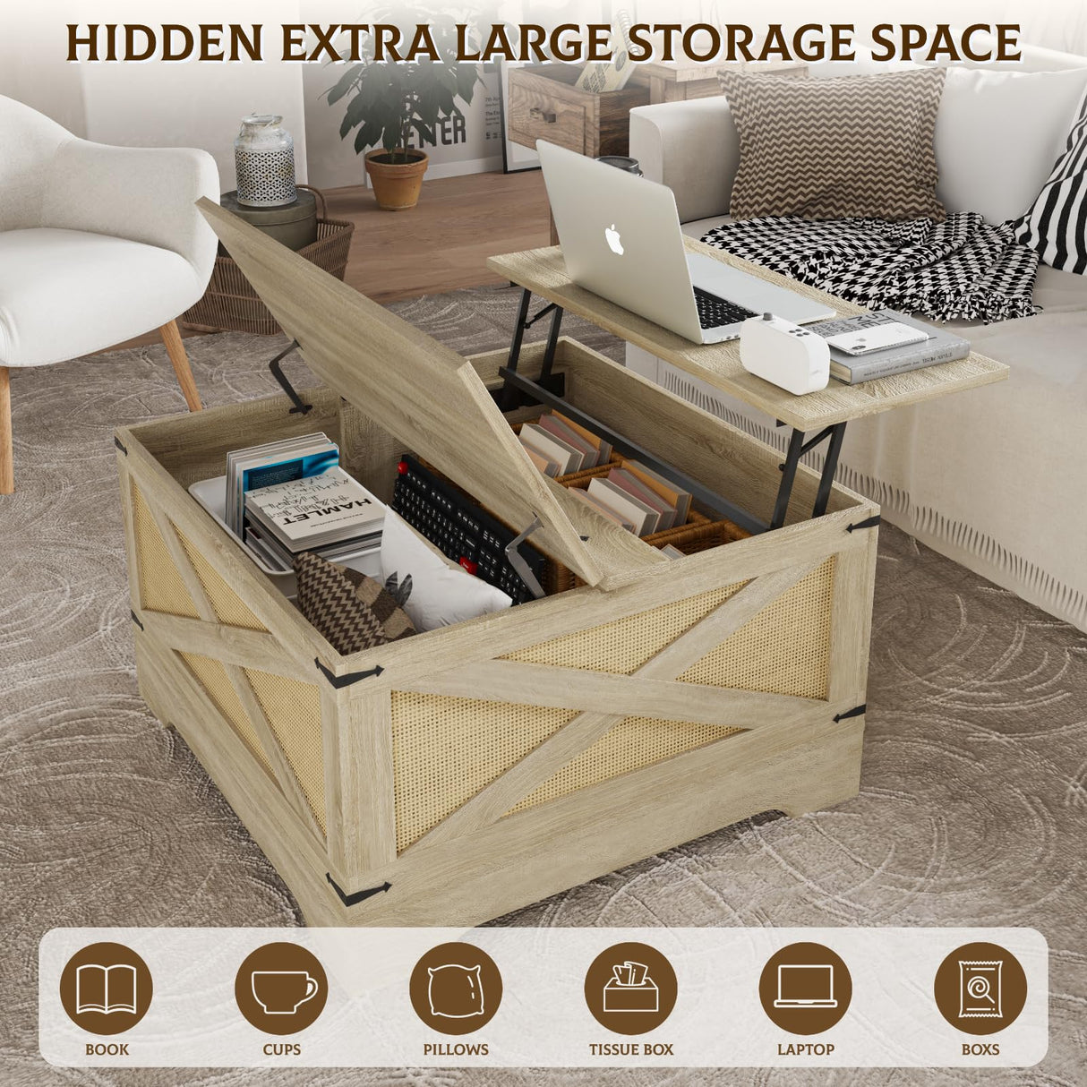 HAIOOU Farmhouse Coffee Table with Storage,Square Lift Top Coffee Table for Living Room with LED Light,Small Rustic Center Table for Small Space Bedroom Home Office(Natural,Rattan) HAIOOU