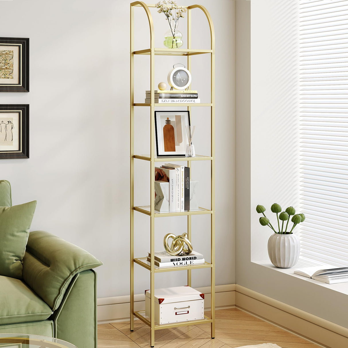 Hzuaneri Gold Arched 6-Tier Tempered Glass Bookshelf for Elegant Storage Hzuaneri