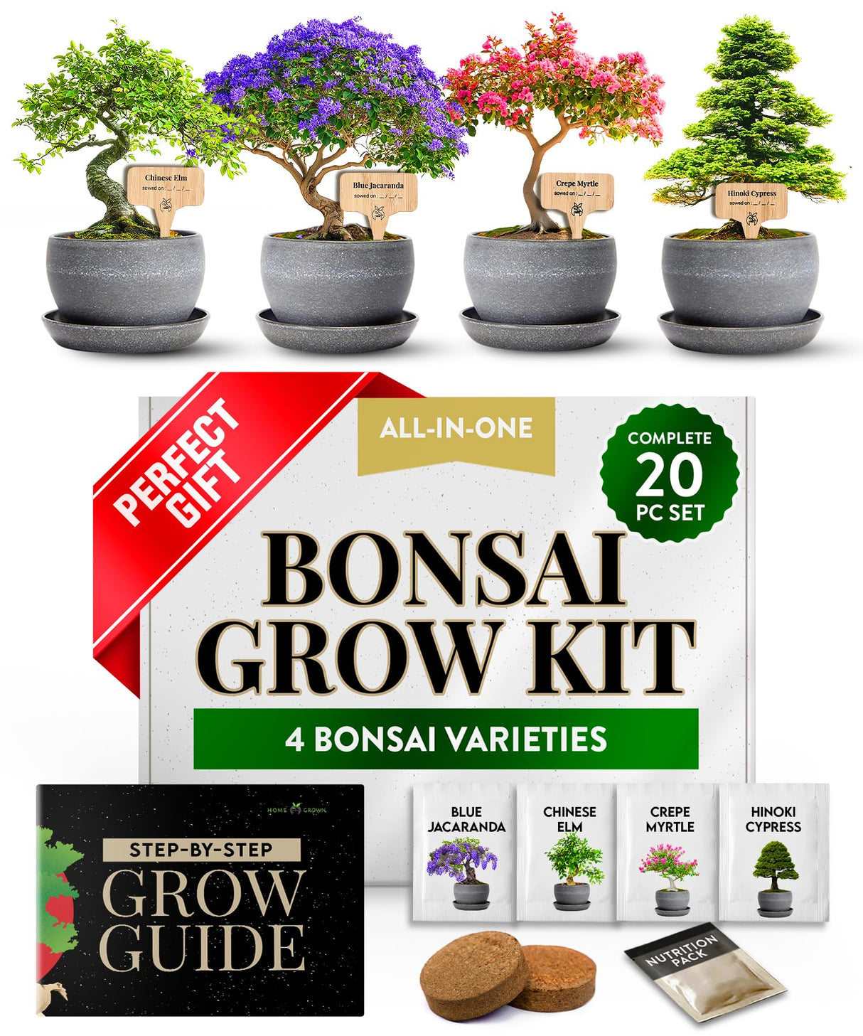 HOME GROWN Bonsai Tree Kit – Grow 4 Bonsai Types Indoors with Complete Starter Kit Including Pots Peat Pellets and Bonus Grow Guide – Unique Gardening Gift for Men Women Beginners HOME GROWN