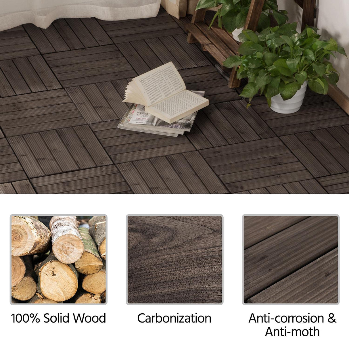 Yaheetech 55pcs Patio Deck Tiles 12 x 12in Interlocking Wood Composite Deck Wooden Flooring Deck Tiles Fir Wood Indoor&Outdoor, Black Yaheetech