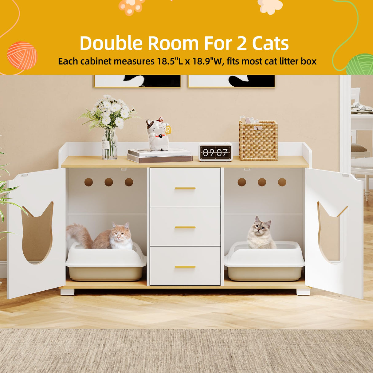 DWVO Double Cat Litter Box Enclosure for 2 Cats, 55 inch Large Two Cat Litter Box Furniture with Drawers for Storage, Wooden Dual Litter Box TV Stand White, 55" L x 19.7" W x 31.5" H DWVO