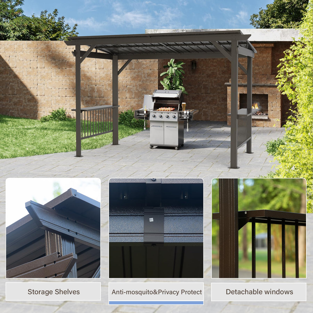 Domi 6.5x12FT Hardtop Grill Gazebo, Outdoor BBQ Gazebo with 2 Side Shelves, Sloping Steel Roof for Permanent Sun Shade with Ceiling Hooks for Patio Deck Yard Garden (Brown) domi outdoor living