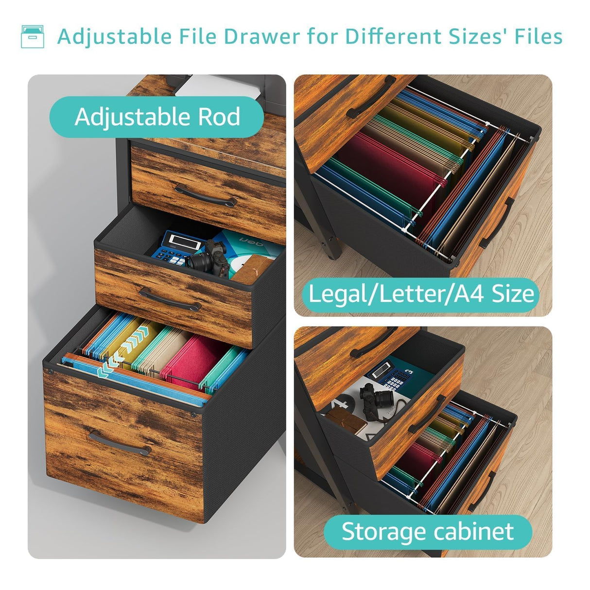 Lufeiya Computer Desk with Fabric File Drawers Cabinet, 55 Inch Home Office Desks with Filing Cabinet for Small Space, Study Writing Table PC Desks with Storage for Bedroom, Rustic Brown Lufeiya