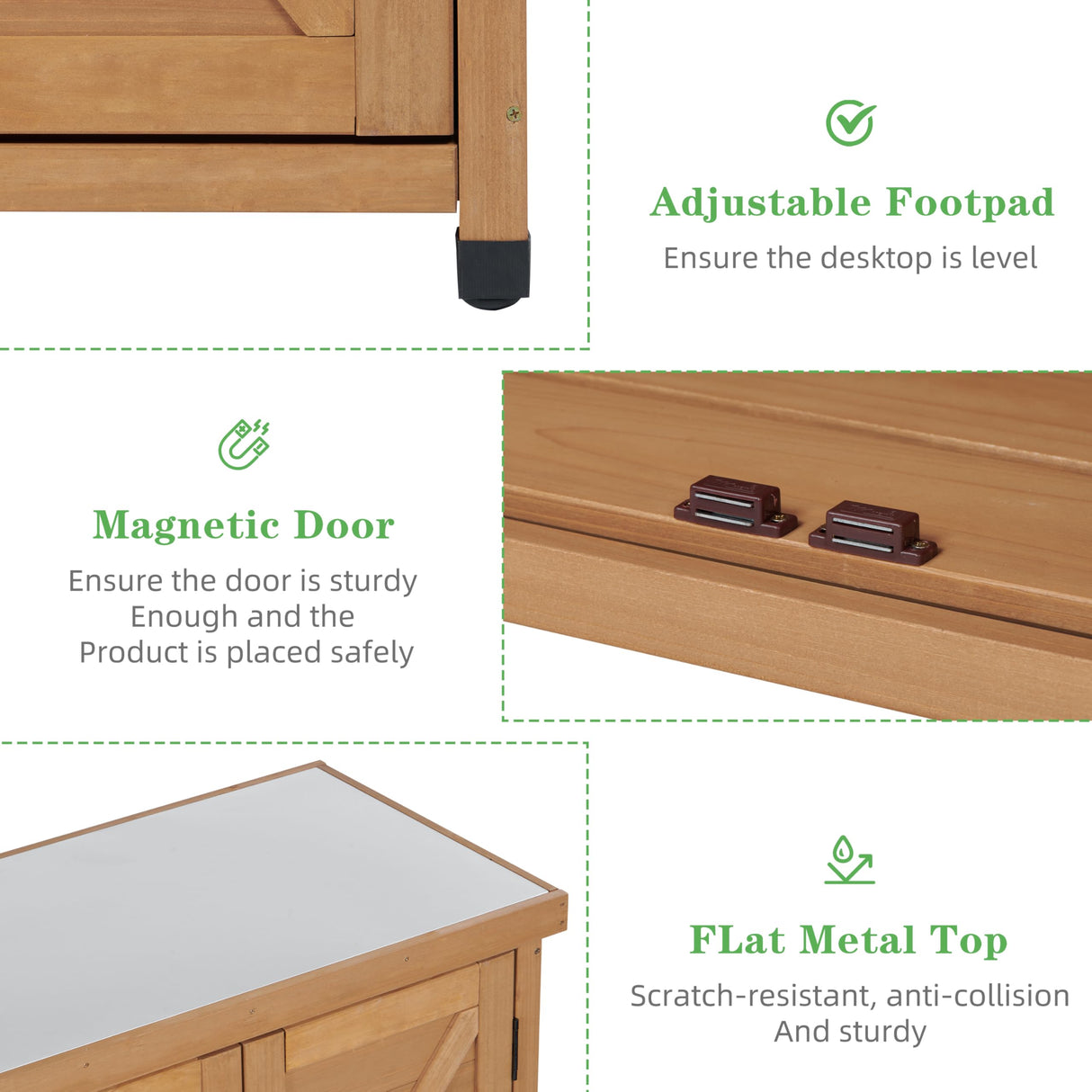 Outdoor Potting Bench with Storage Cabinet and Metal Top, Wood Workstation for Outdoor Patio, Garden (Light Brown, 31x17x36‘’) Wood-Natrl