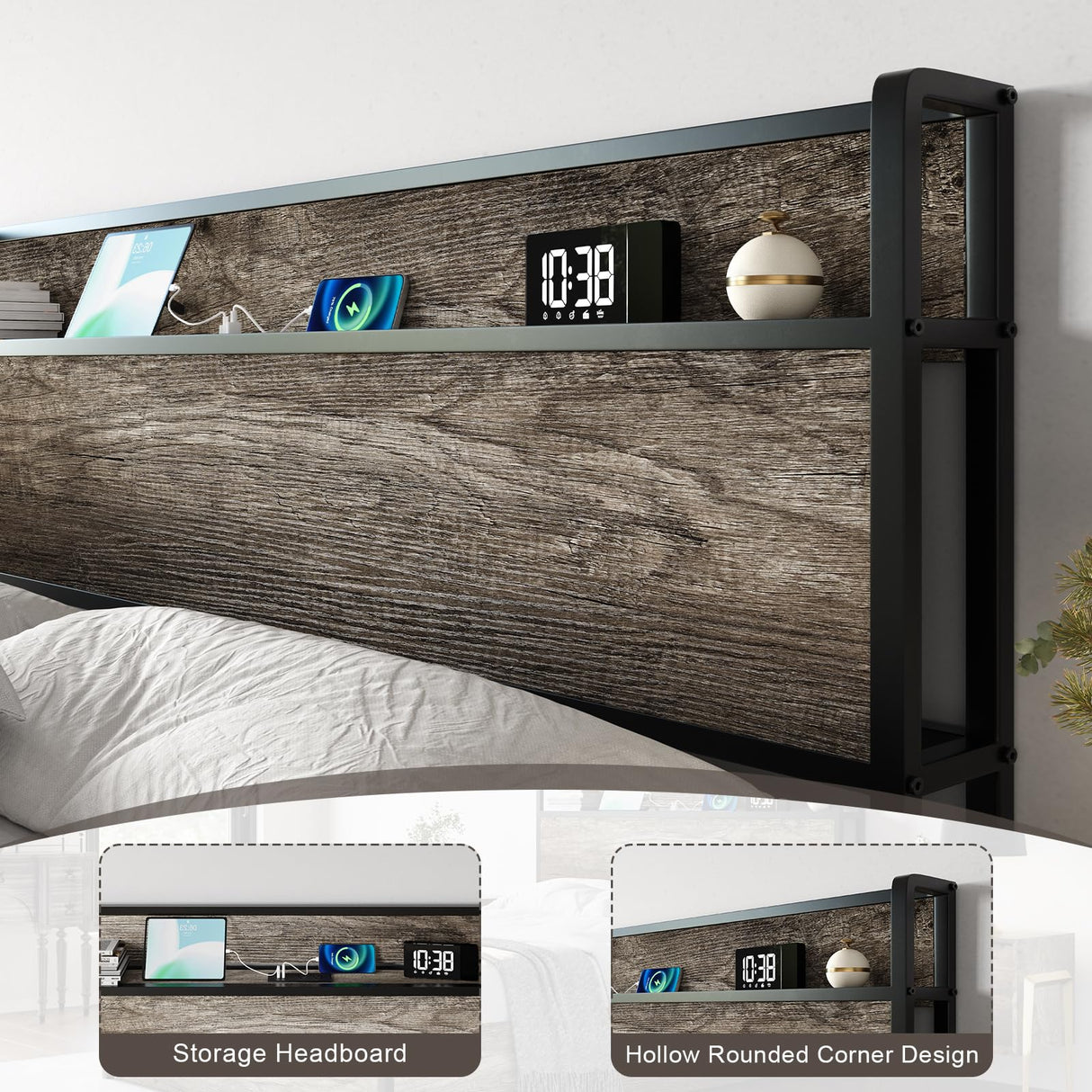 AMERLIFE King Size Lift Up Storage Bed Frame, Wooden Platform Bed Frame with Lifting Storage & Charging Station, No Spring Box Needed/Noise Free, Rustic Grey AMERLIFE