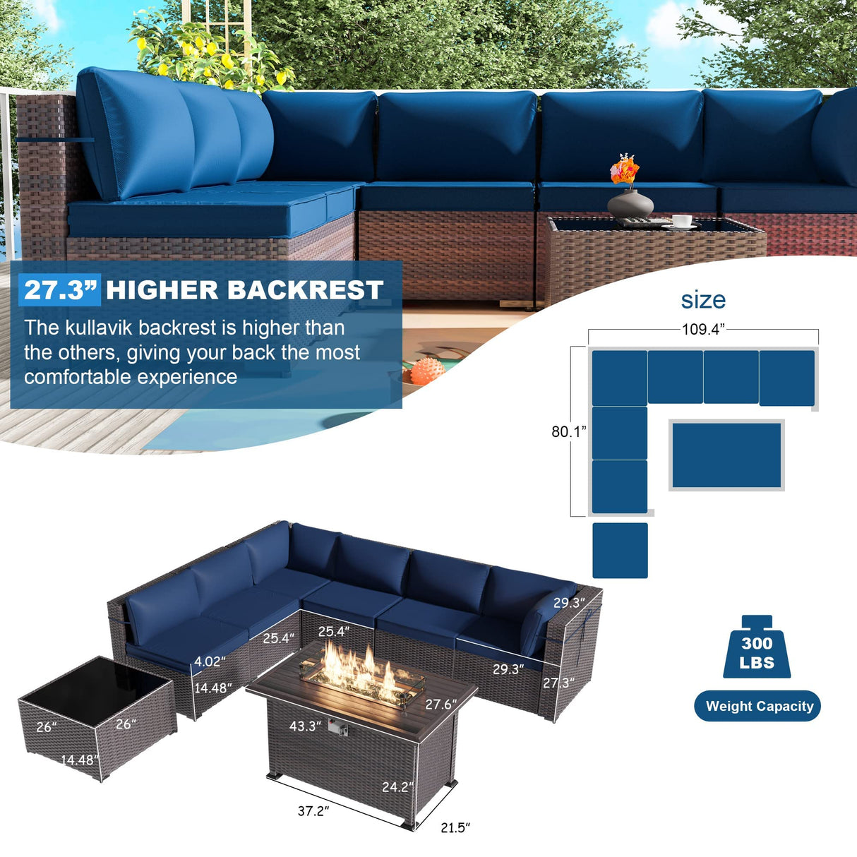 Kullavik 8 Pieces Outdoor Patio Furniture Set with 43" 55000BTU Gas Propane Fire Pit Table PE Wicker Rattan Sectional Sofa Patio Conversation Sets,Dark Blue Kullavik