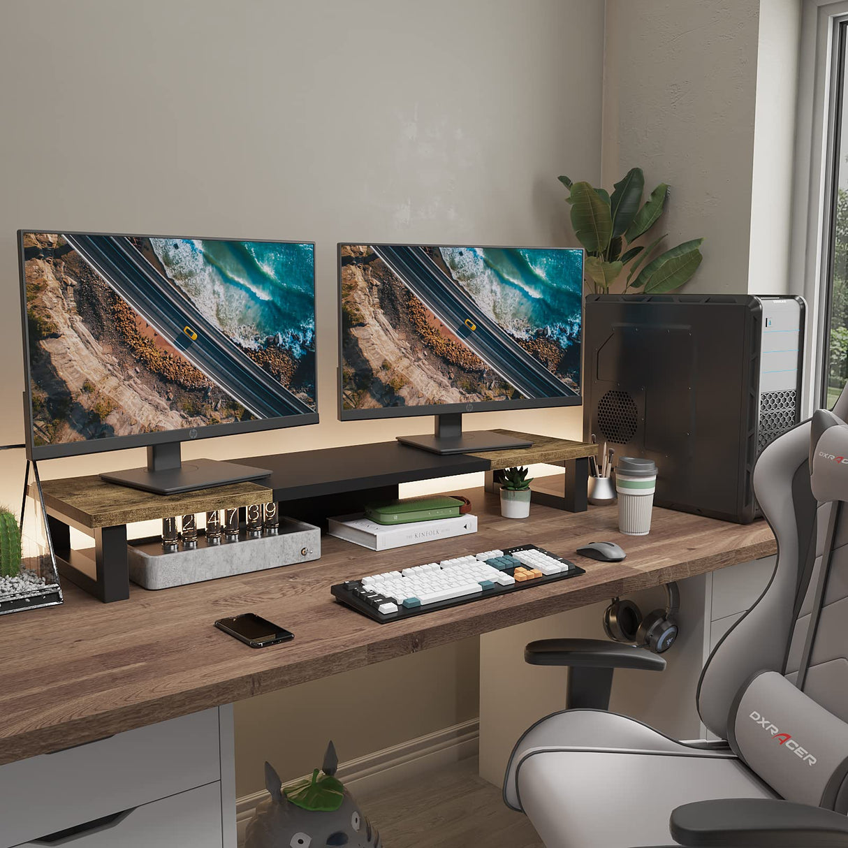 WESTREE Dual Monitor Stand Riser, Wood and Steel Monitor Stand Riser, Computer Monitor Stand for 2 Monitors, Multi-Purpose Desktop Storage Stand for Computer,Laptop,Printer,TV WESTREE