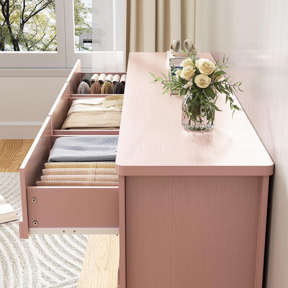 Cyclysio 9 Drawer Dresser, 63" Wide Modern Chest of Drawers TV Stand with Smooth Slides and Rustic Handles, Wood Drawer Organizer for Bedroom Living Room Hallway (Pink) Cyclysio