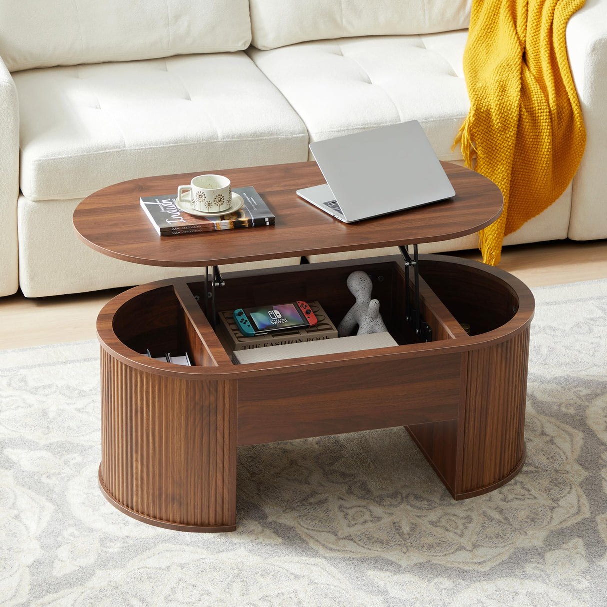 QHITTY Fluted Coffee Table with Lifting Top, Oval Wood Lift Top Coffee Table with Hidden Compartment, Mid Century Pull up Center Tables for Living Room, Office - Walnut QHITTY