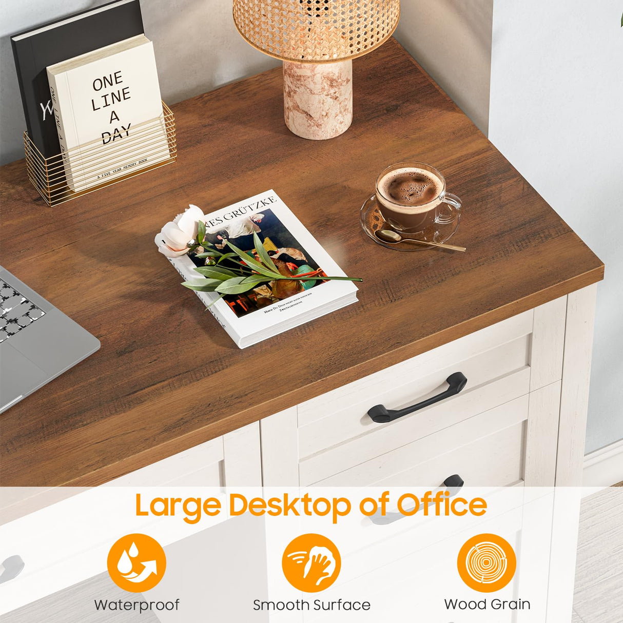 Vabches Farmhouse 47" Executive Desk with 4 Drawers, Computer Desk with File Drawer and Charging Station, Workstation for Home Office, Study.(Unique White) Vabches