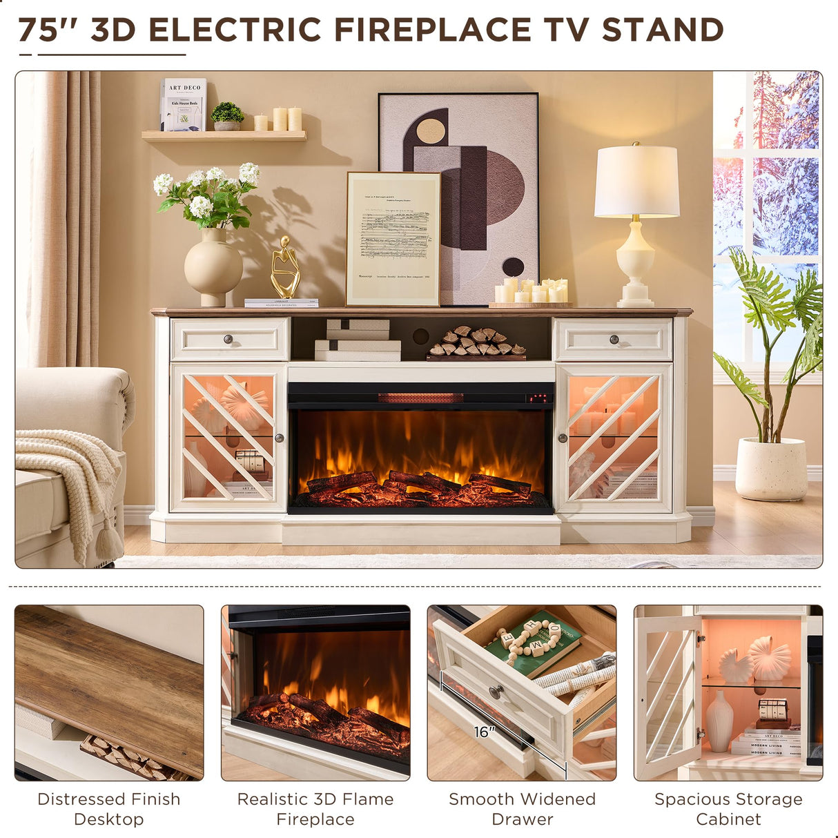 OKD 75 Inch 3-Sided Electric Fireplace TV Stand for TVs up to 85'',Modern Highboy Entertainment Center with 36" Fireplace & LED Lights,Widen Drawers and Glass Door Storage Cabinet, Antique White OKD