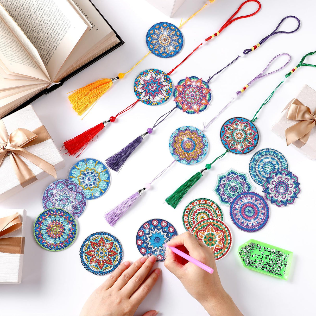 Saillong 16 Pcs Diamond Art Car Ornaments Mandala Diamond Painting Kit Ornament for Car Hanging Suncatchers Charm for Rear View Mirror Double Sided Painting Crystal Gem Garden Decoration Paint DIY Kit Saillong