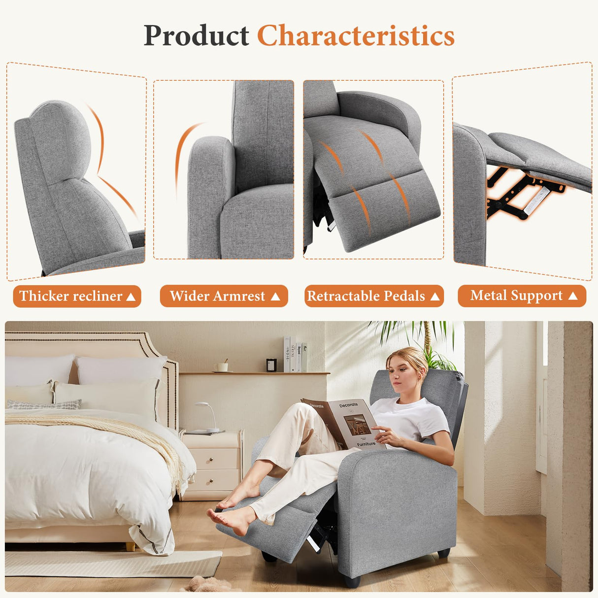 Sweetcrispy Recliner Chair Fabric Recliner Sofa No Massage, Home Theater Seating with Lumbar Support, Adjustable Push Back Overstuffed High-Density Sponge Reclining for Living Room, Slate Gray Sweetcrispy