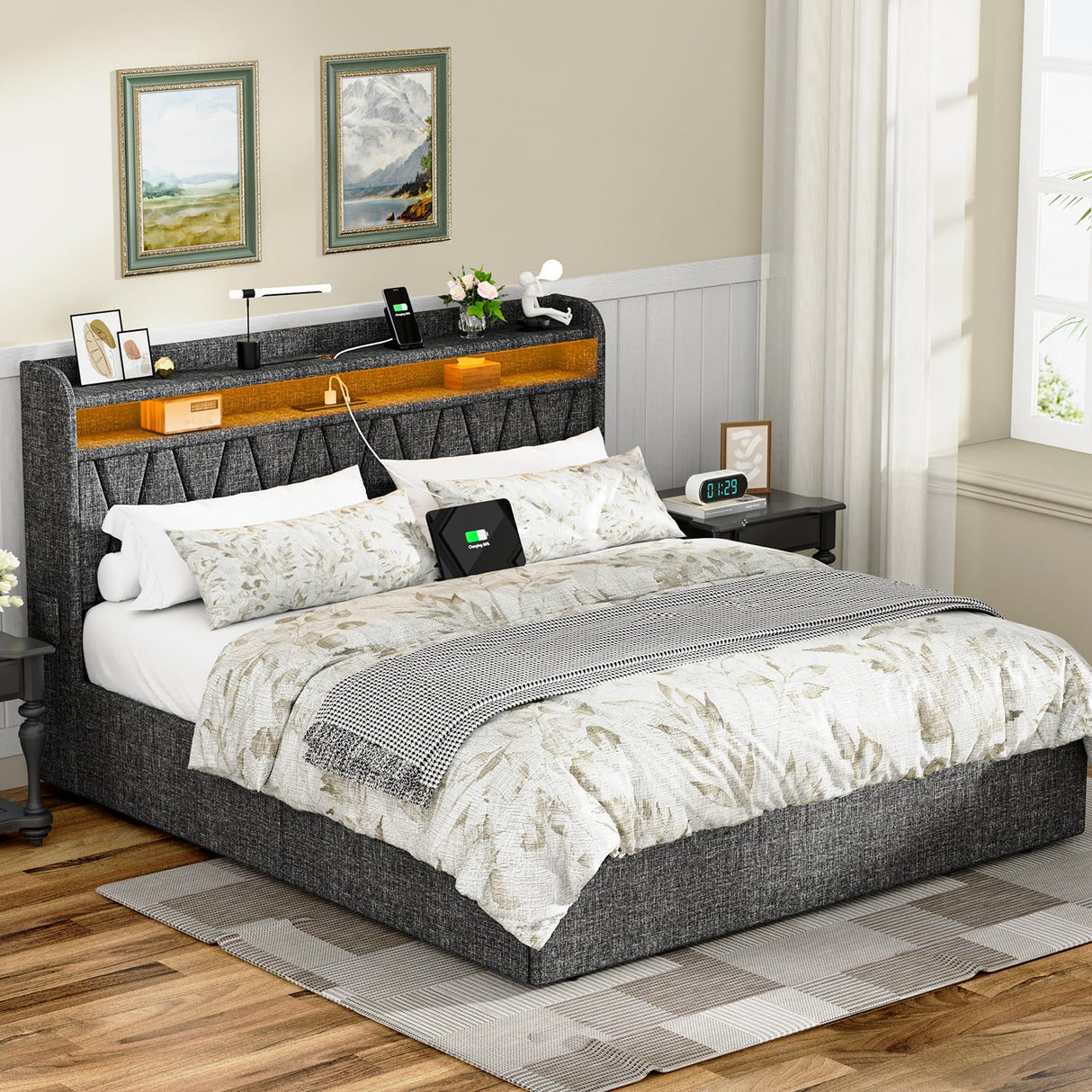 King Size Bed Frame and 2-Tier Headboard, Upholstered Led Bed Frame with 4 Storage Drawers, Led Light and Charging Station, Wooden Slats Support, No Box Spring Needed, NO Noise, Easy Assembly EasyCom