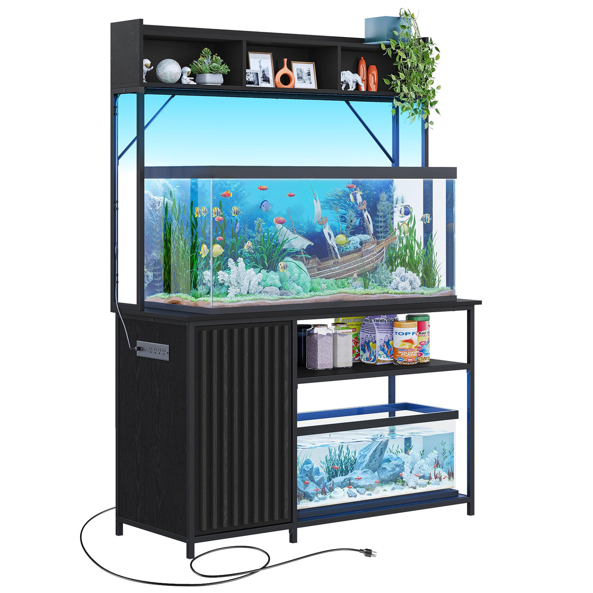 BELLEZE 55-90 Gallon Aquarium Stand with LED Lights, Fluted Cabinet For Fish Tank Accessories Storage, Heavy Duty Metal & Power Outlets, 1200 LBS Capacity, Turtle Tank Reptile Terrarium, Black Ebony BELLEZE